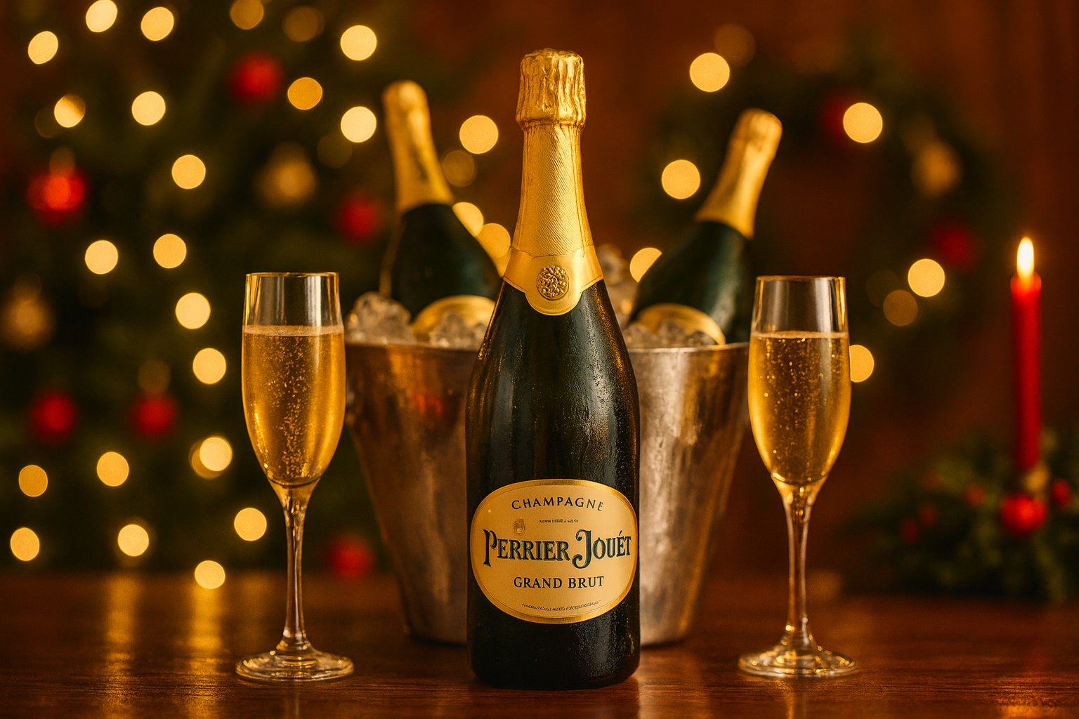 Perrier Jouet champagne bottle with two glasses on a festive background