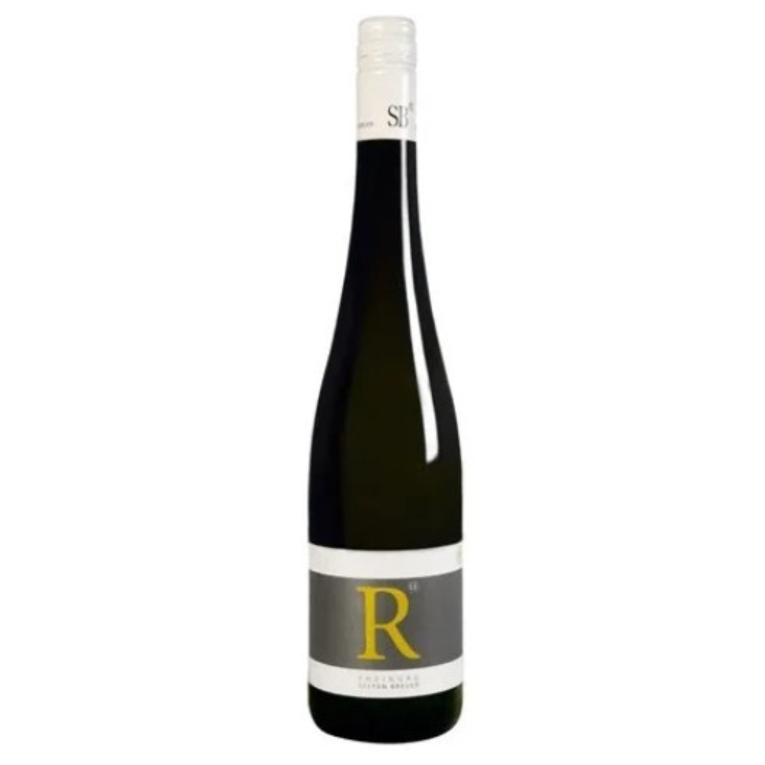 Wine bottle with a label featuring the letter 'R' on a white background