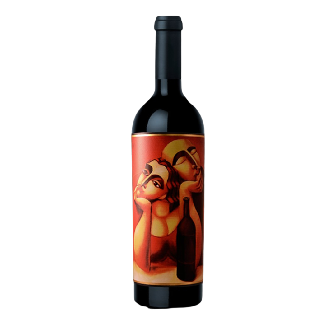 Wine bottle with artistic label on a white background