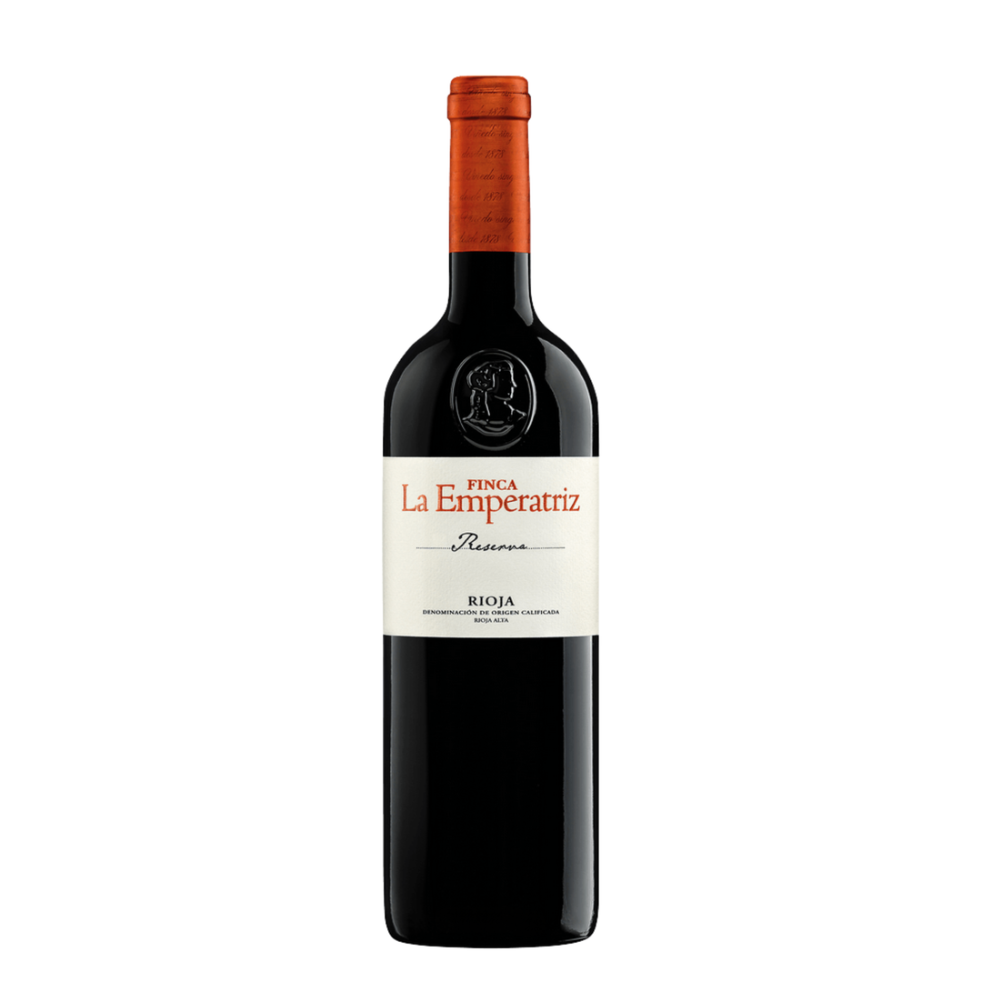 Bottle of Finca La Emperatriz Reserva Rioja wine on a white background