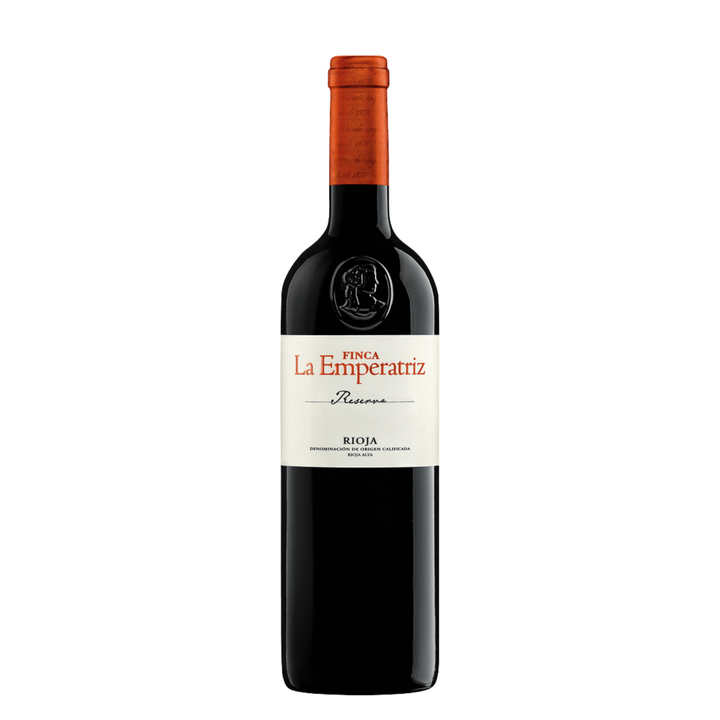 Bottle of Finca La Emperatriz Reserva Rioja wine on a white background