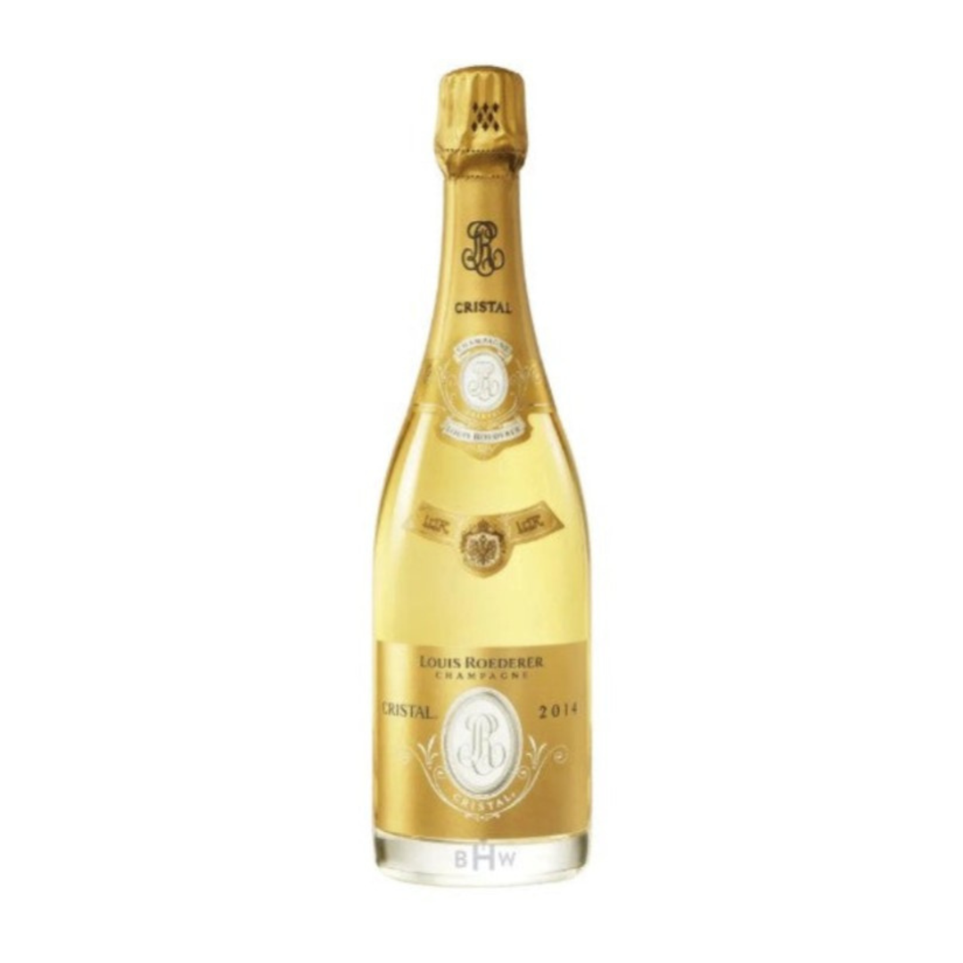Louis Roederer Cristal champagne bottle on a white background