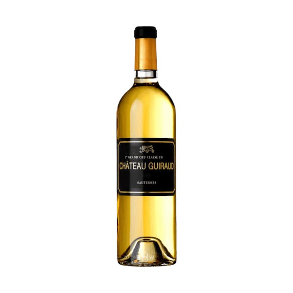 Bottle of Chateau Guiraud white wine on a white background