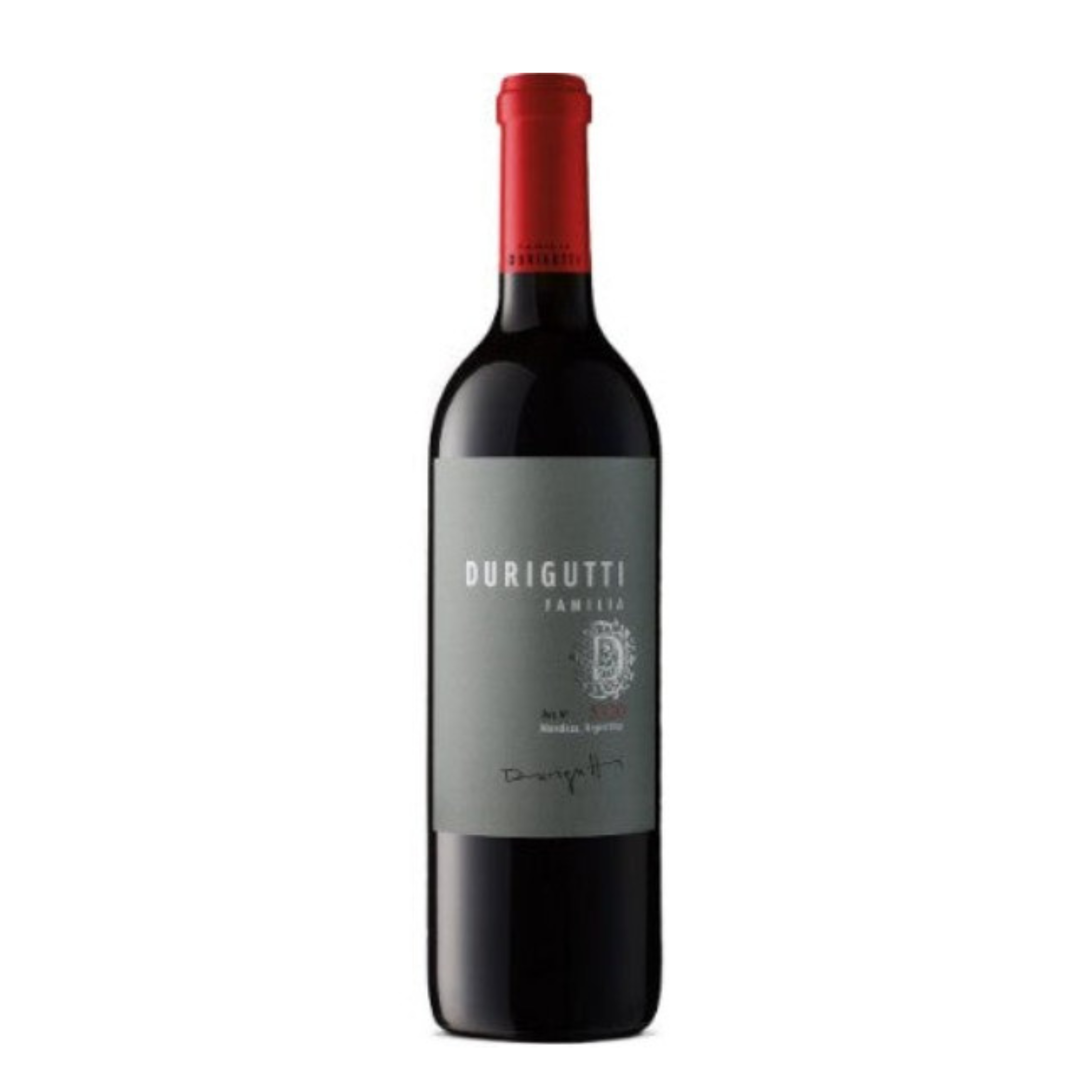 Red wine bottle with a gray label on a white background
