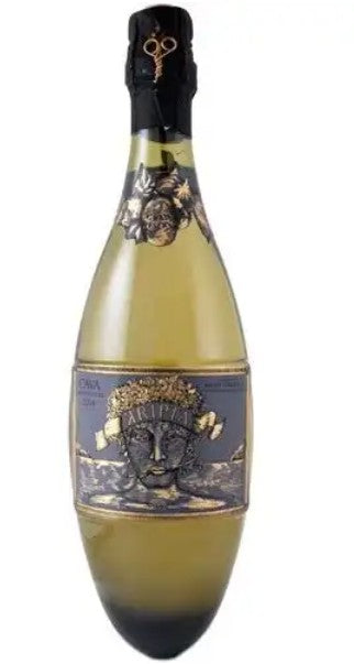 Bottle of champagne with decorative label on a white background