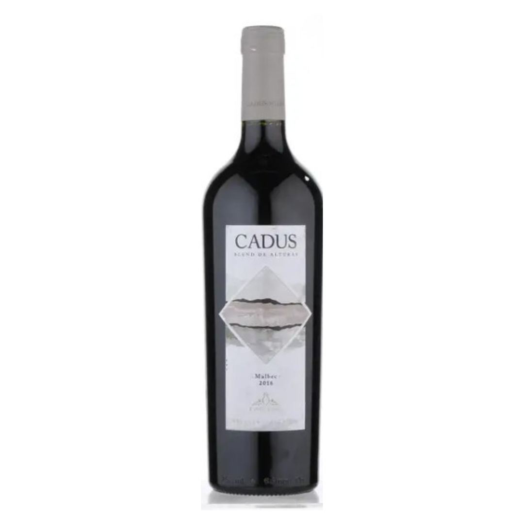 Wine bottle with 'Cadus' label on a white background