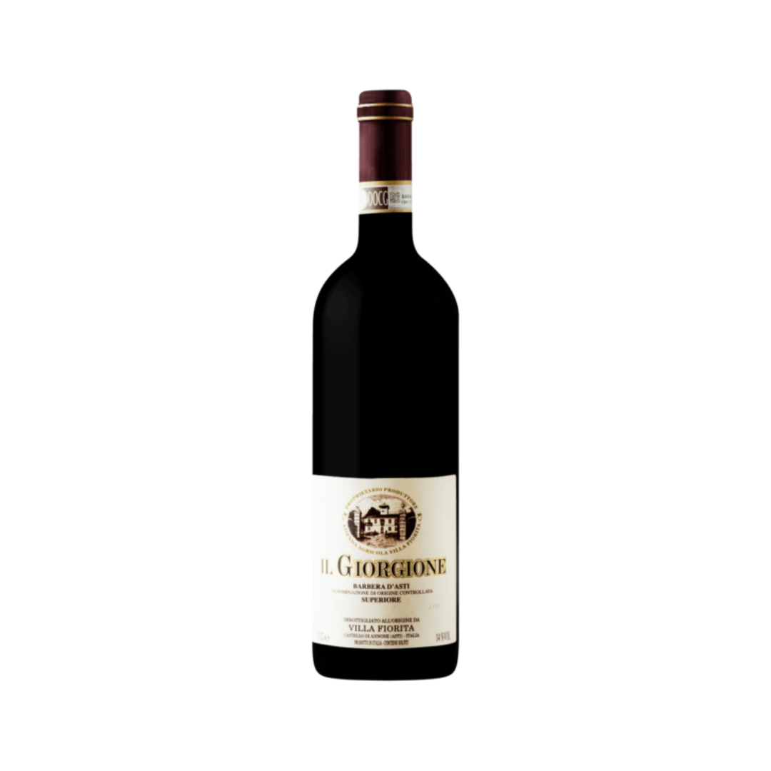 Red wine bottle with a visible label on a white background