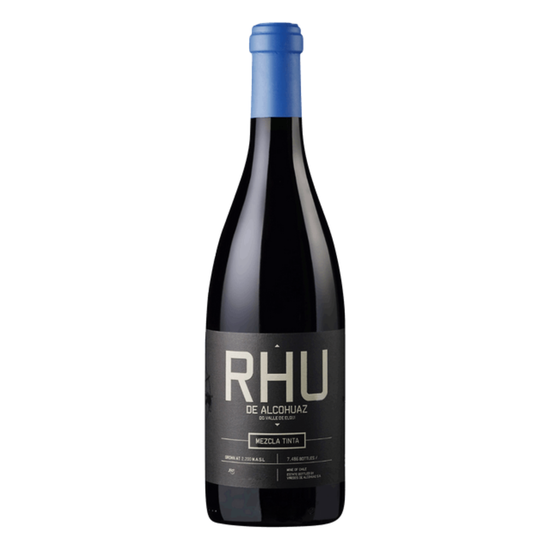 Wine bottle with 'RHU' label on a white background