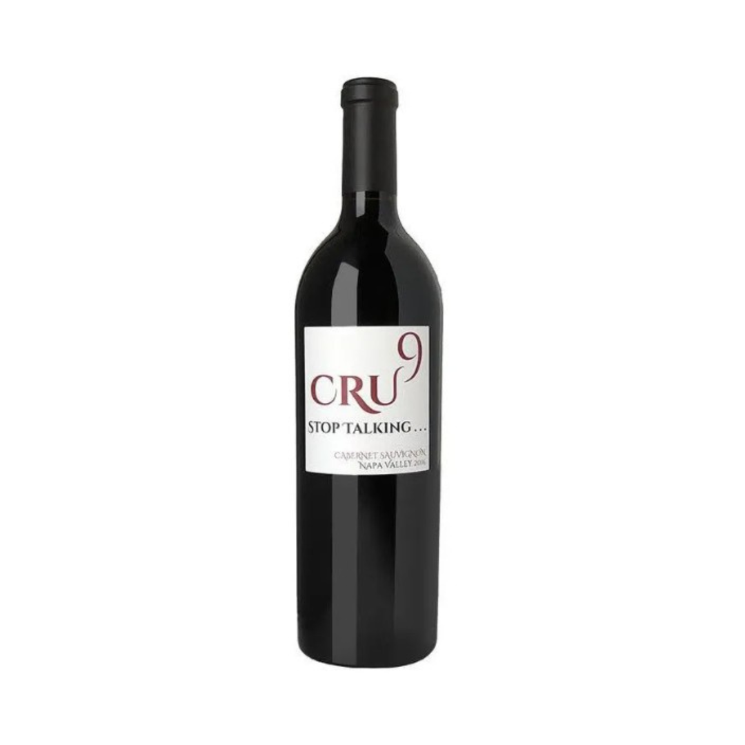Red wine bottle with 'CRU 9' label on a white background