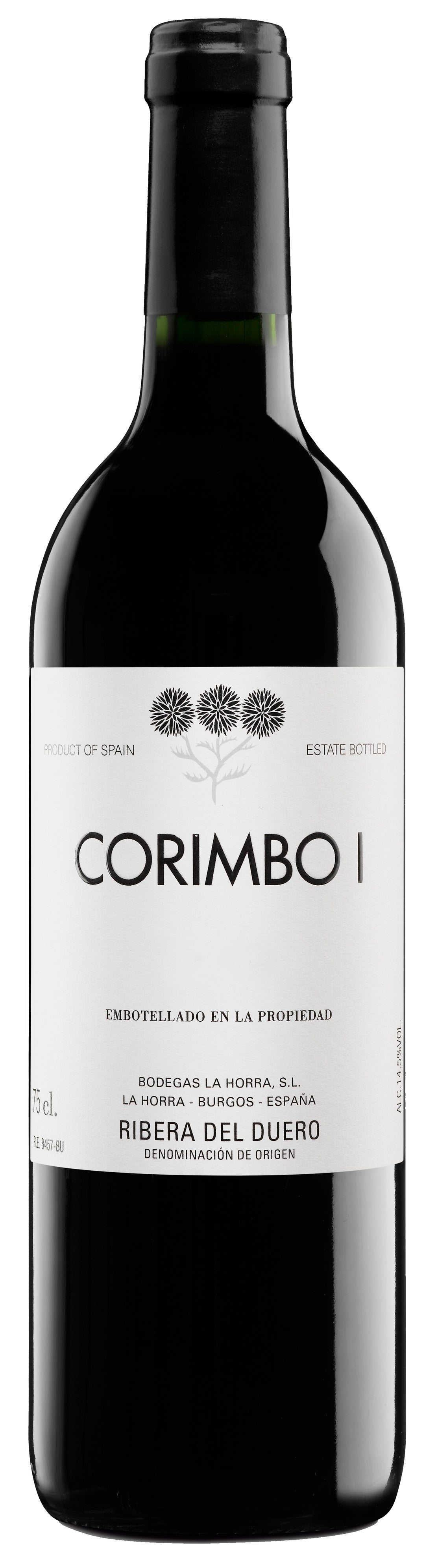 Wine bottle labeled 'Corimbo I' with a white label on a black background