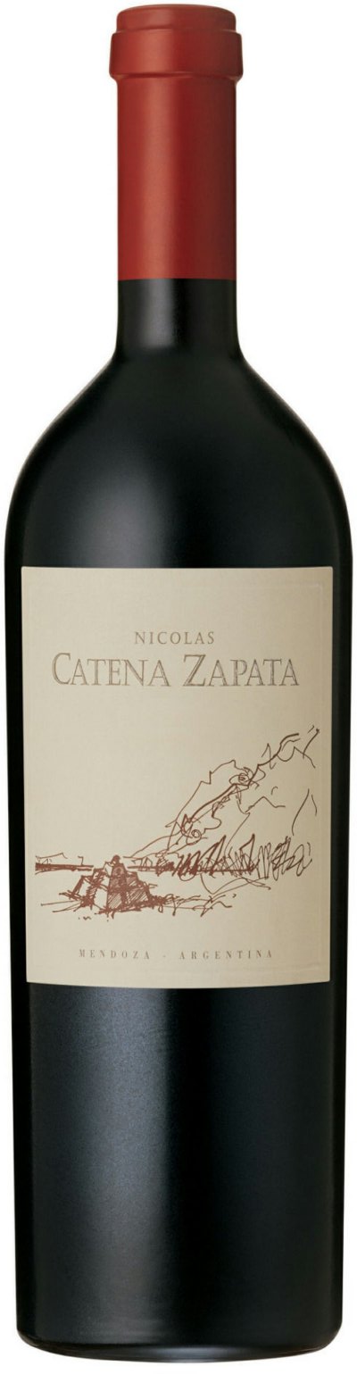 Red wine bottle with a label featuring a vineyard illustration on a black background