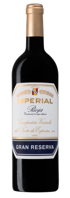 Bottle of Imperial Gran Reserva Rioja wine with a gold foil cap.