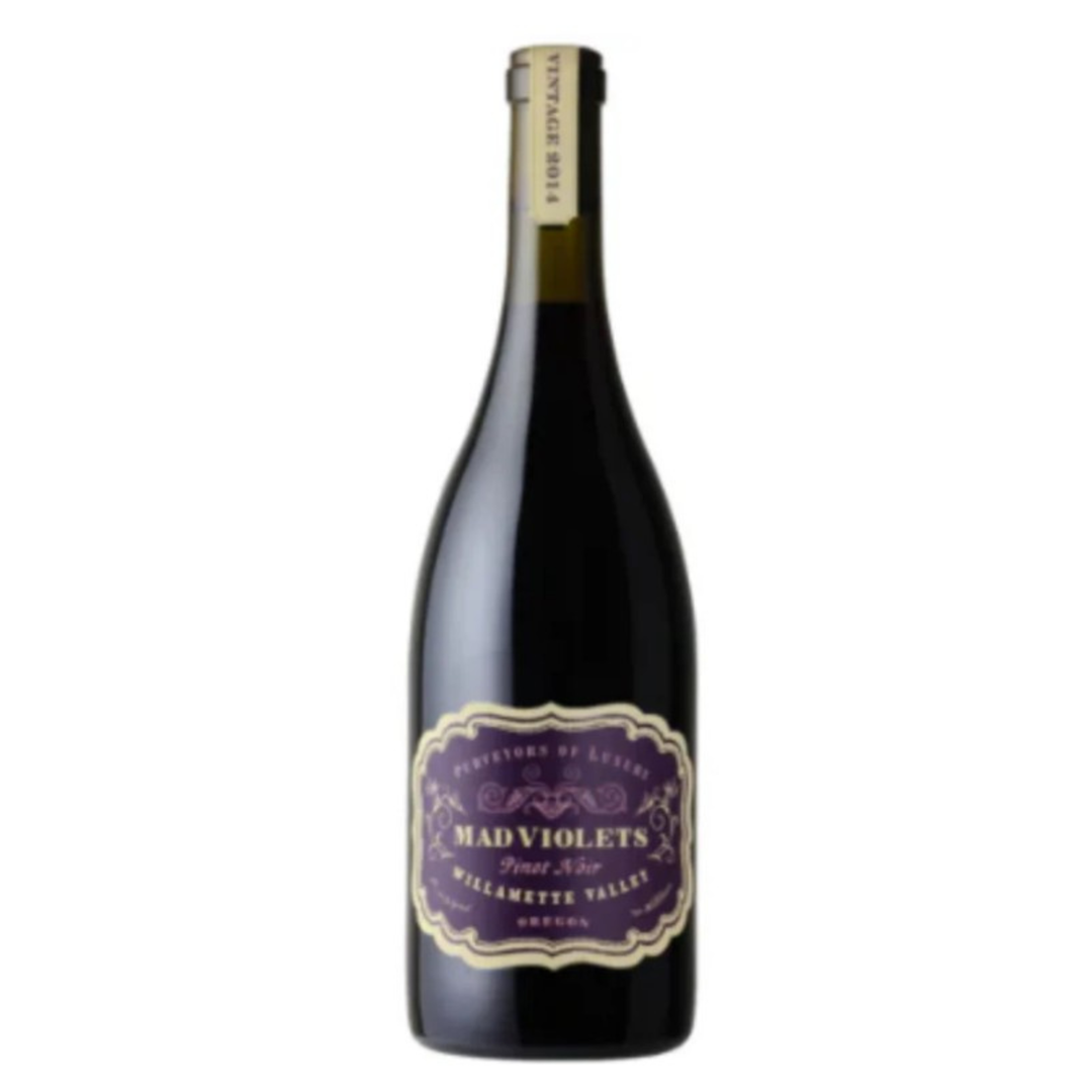 Wine bottle with a purple label on a white background