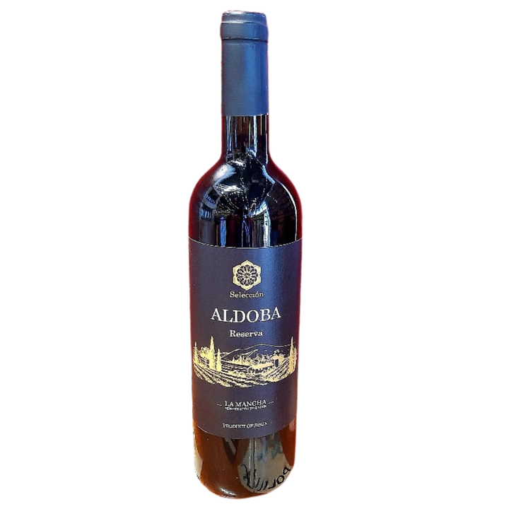 Wine bottle with 'Aldoba' label on a white background