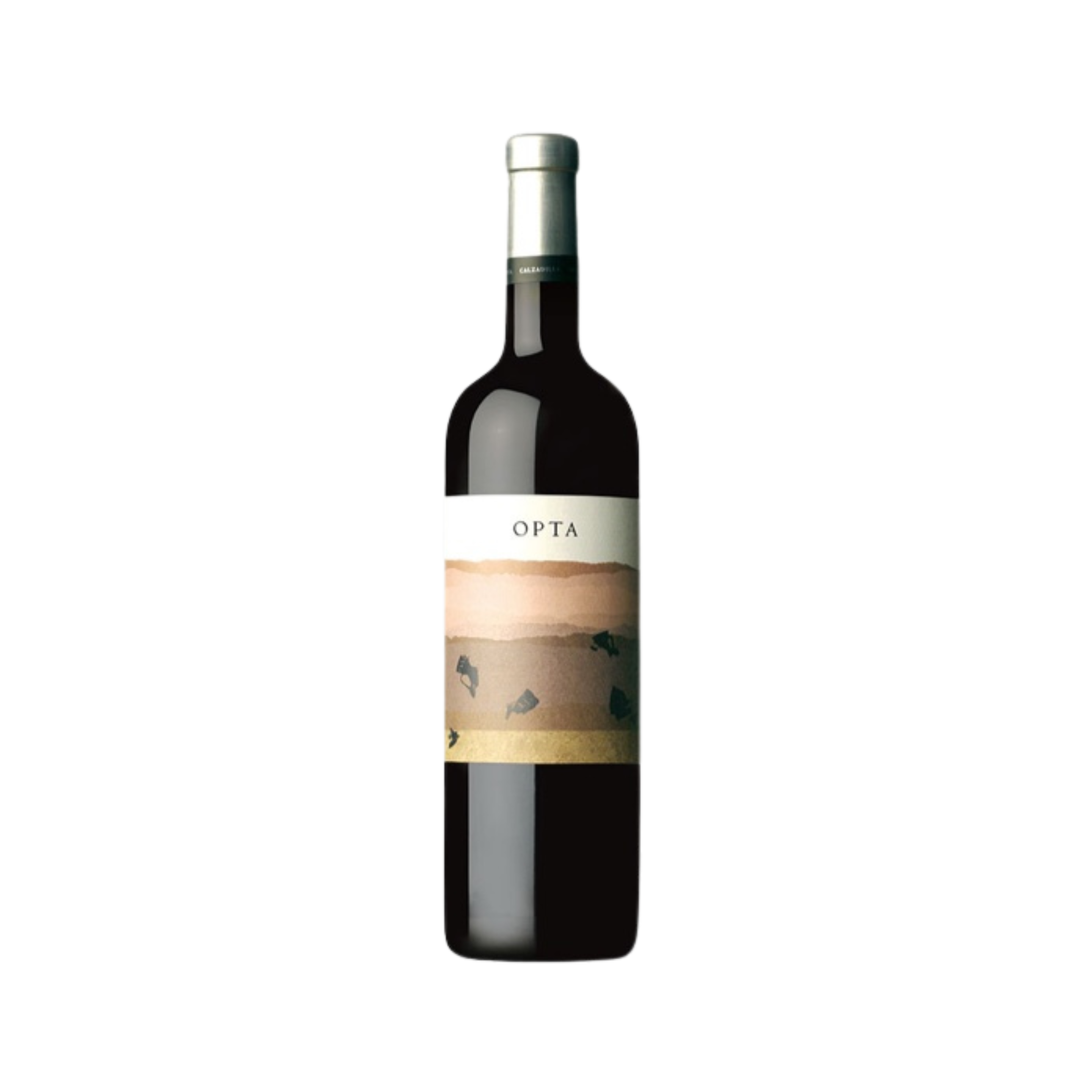 Wine bottle with 'Opta' label on a white background