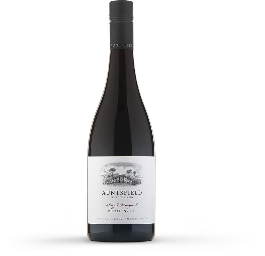 Wine bottle with 'Auntsfield' label on a white background
