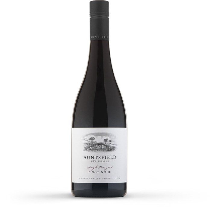 Wine bottle with 'Auntsfield' label on a white background