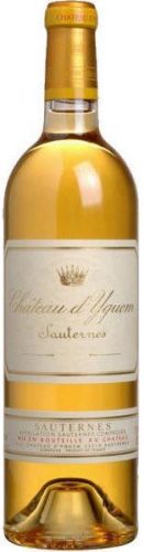 Château d'Yquem Sauternes wine bottle with a gold cap and white label.