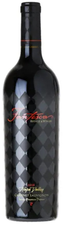 Wine bottle with a black and silver label on a white background