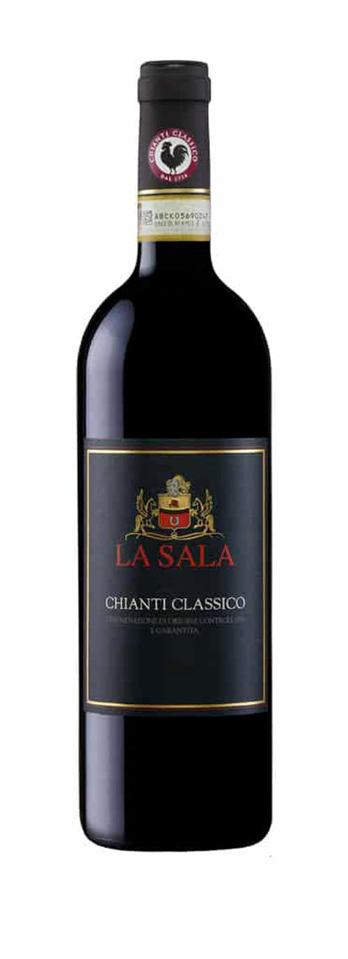 Bottle of La Sala Chianti Classico wine on a white background