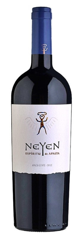 Wine bottle with a label featuring a stylized figure and text on a white background