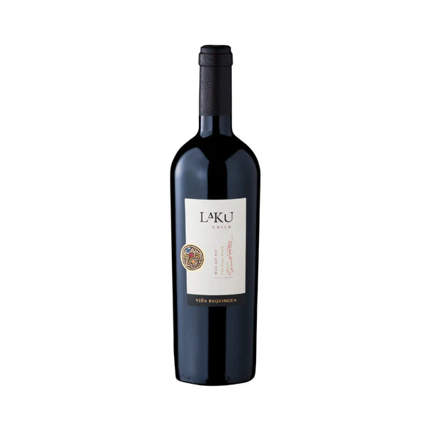 Wine bottle with Laku label on a white background