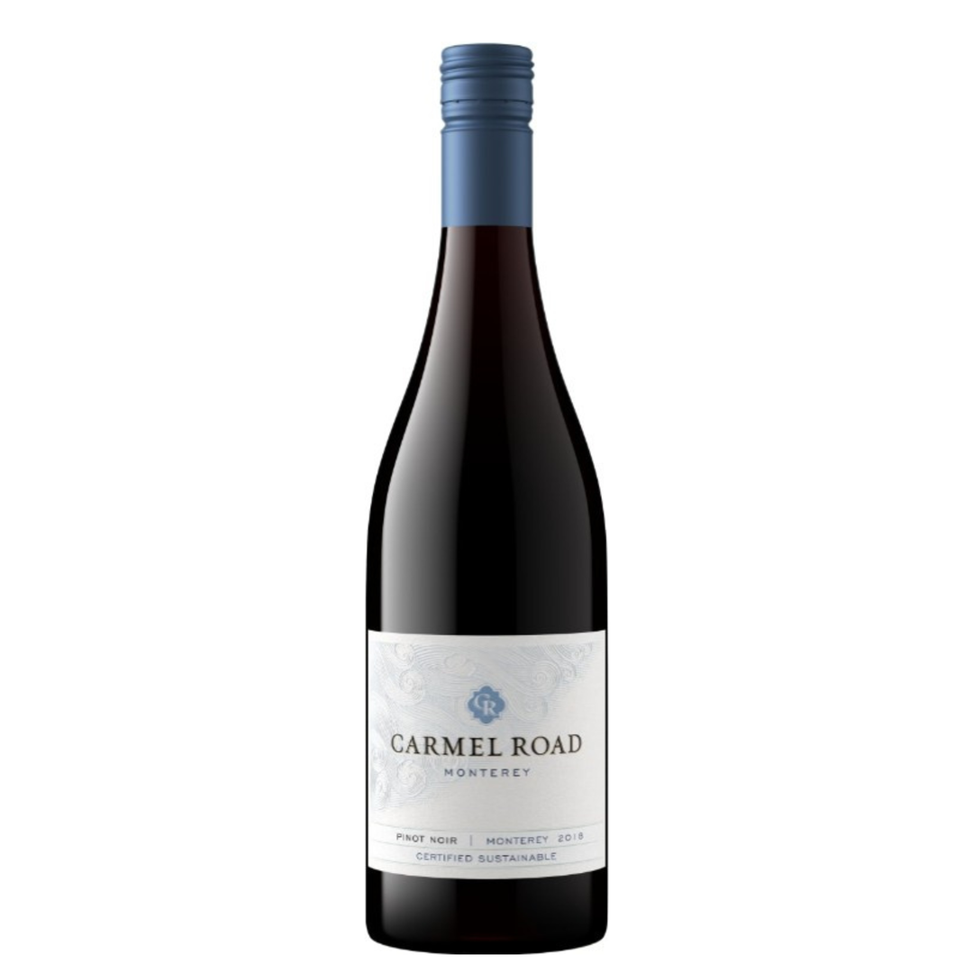 Wine bottle with 'Carmel Road' label on a white background