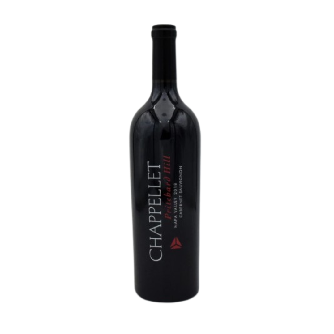 Black wine bottle with 'Chappellet' branding on a white background