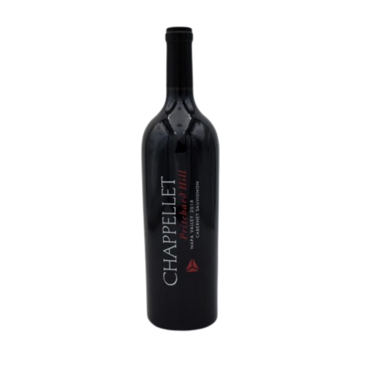Black wine bottle with 'Chappellet' branding on a white background