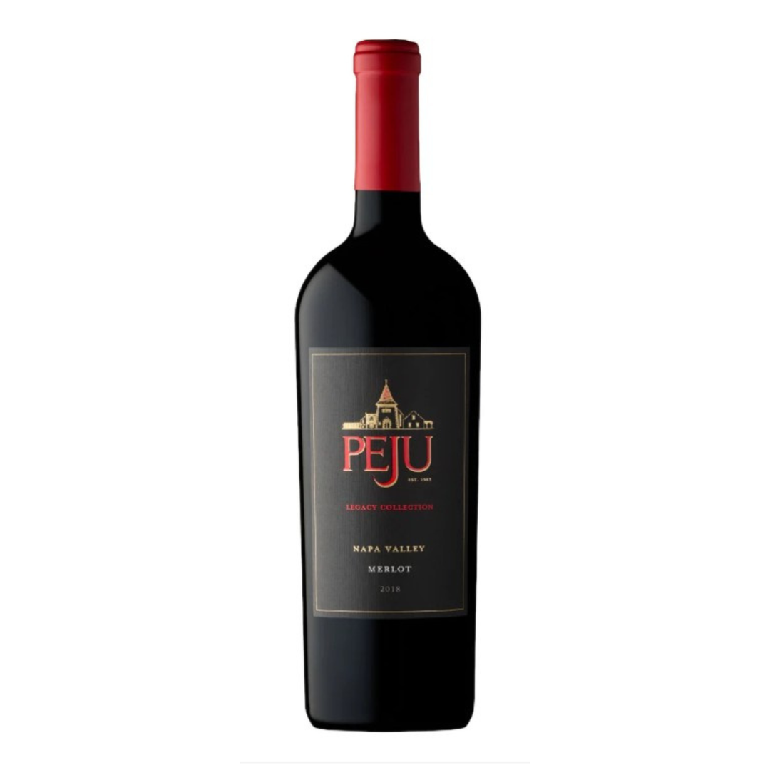 Red wine bottle with 'PEJU' label on a white background