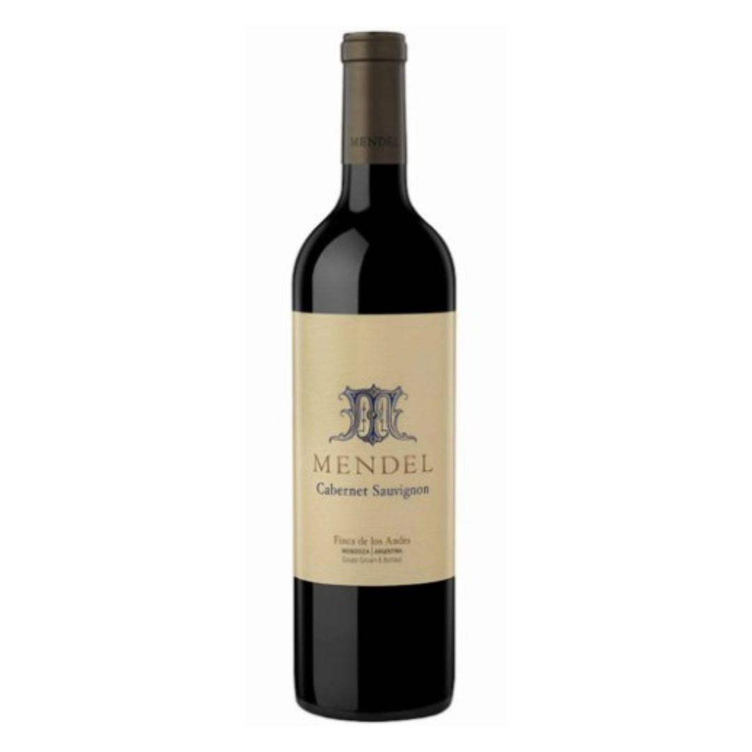 Red wine bottle with 'Mendel' label on a white background
