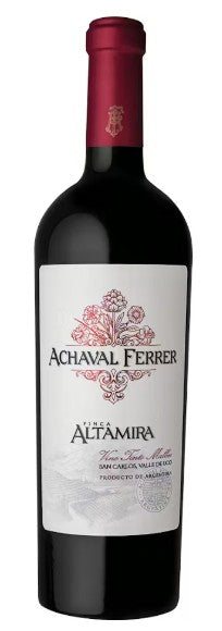 A bottle of Achaval Ferrer Altamira red wine on a white background