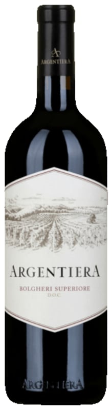 Bottle of Argentiera wine with a scenic label on a black background