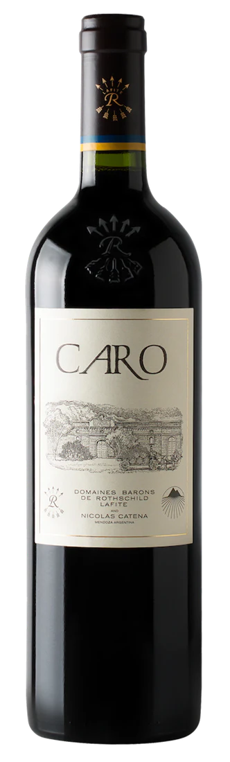 Wine bottle with 'Caro' label on a white background