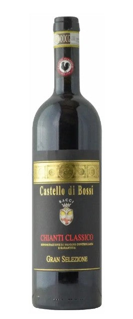 Red wine bottle with 'Castello di Bossi' label on a white background