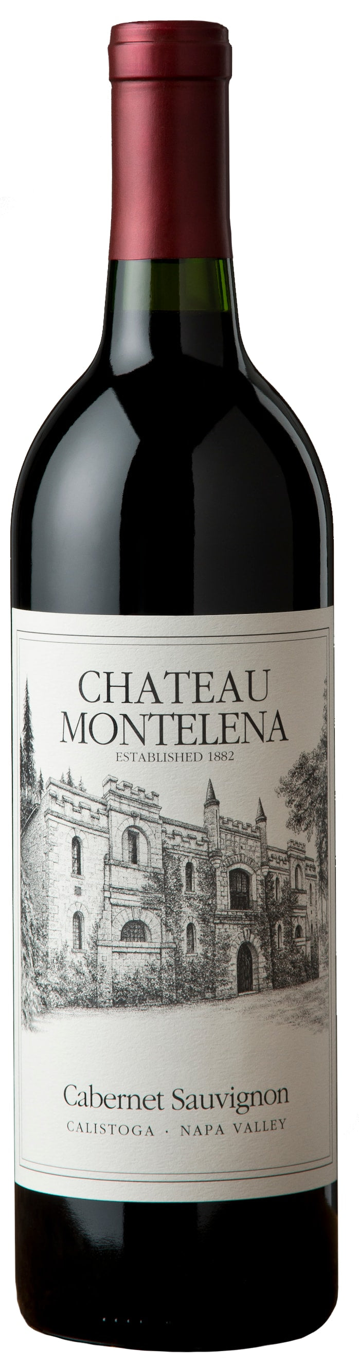 Red wine bottle with Chateau Montelena label on a white background