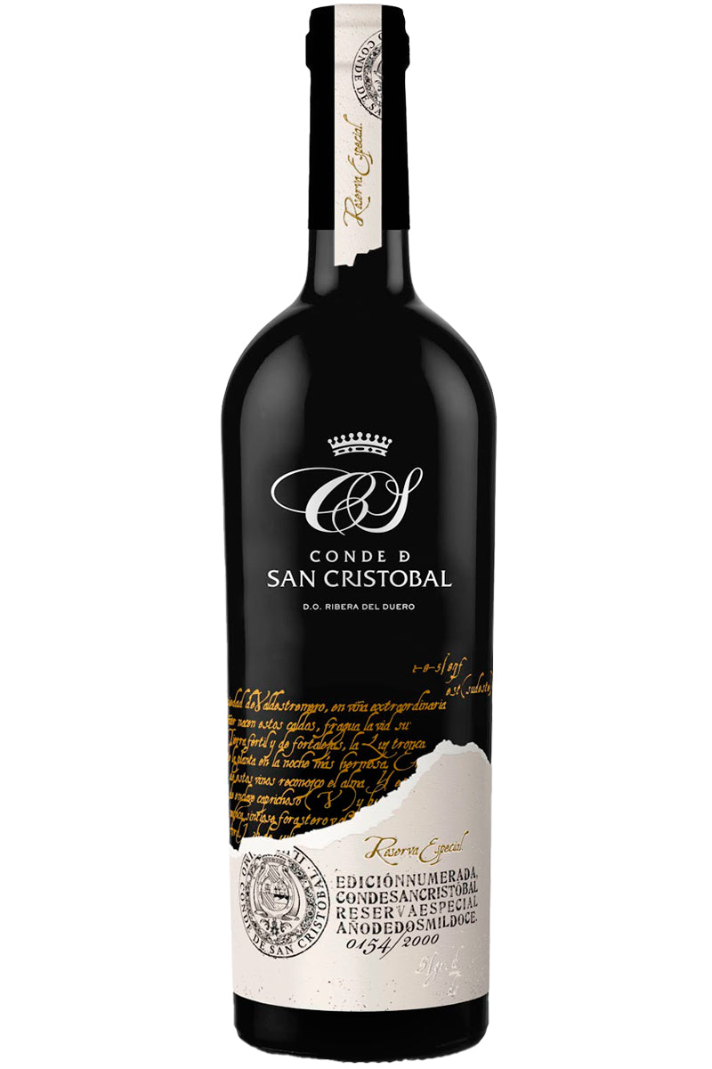 Wine bottle with 'Conde de San Cristobal' label on a white background