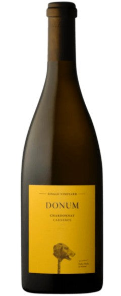 Wine bottle with yellow label featuring 'Donum' branding on a white background