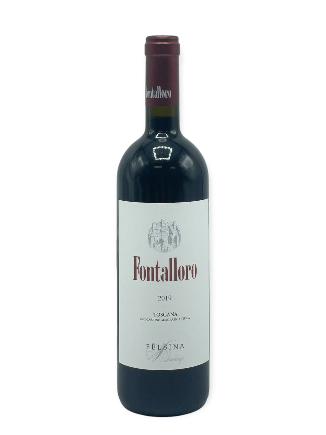Red wine bottle with 'Fontalloro' label on a white background