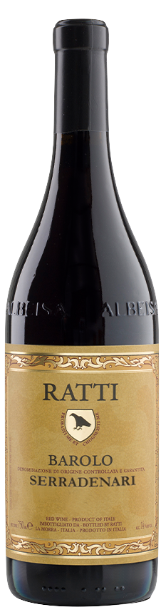 Wine bottle with Ratti label on a dark background