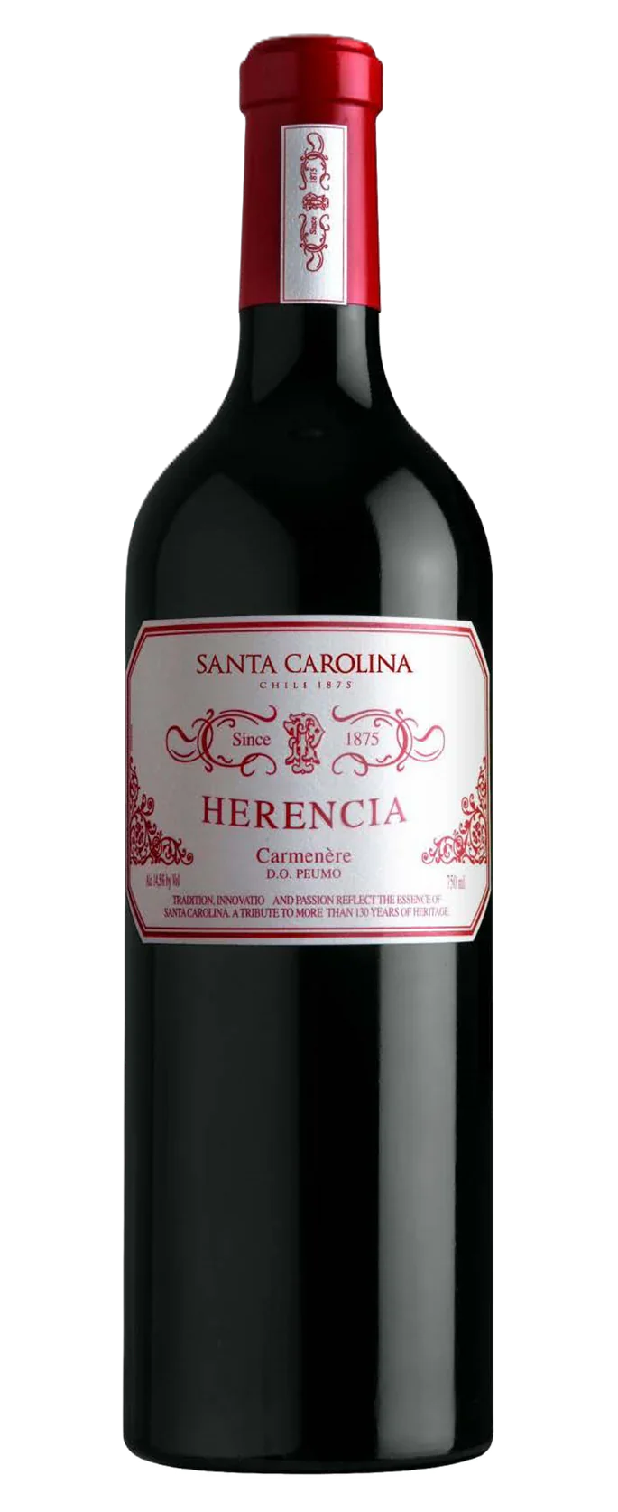 Bottle of Santa Carolina Herencia Carmenériz wine on a white background