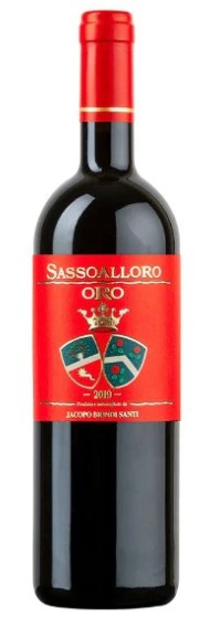 Red wine bottle with a red label featuring a crest on a white background
