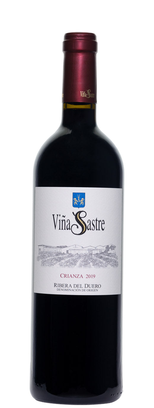Red wine bottle with a label on a white background