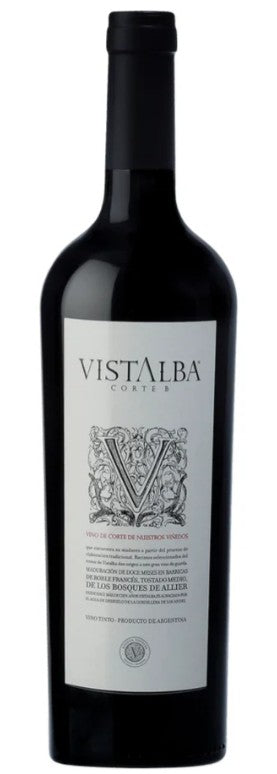 VistaAlba wine bottle with a white label on a black background