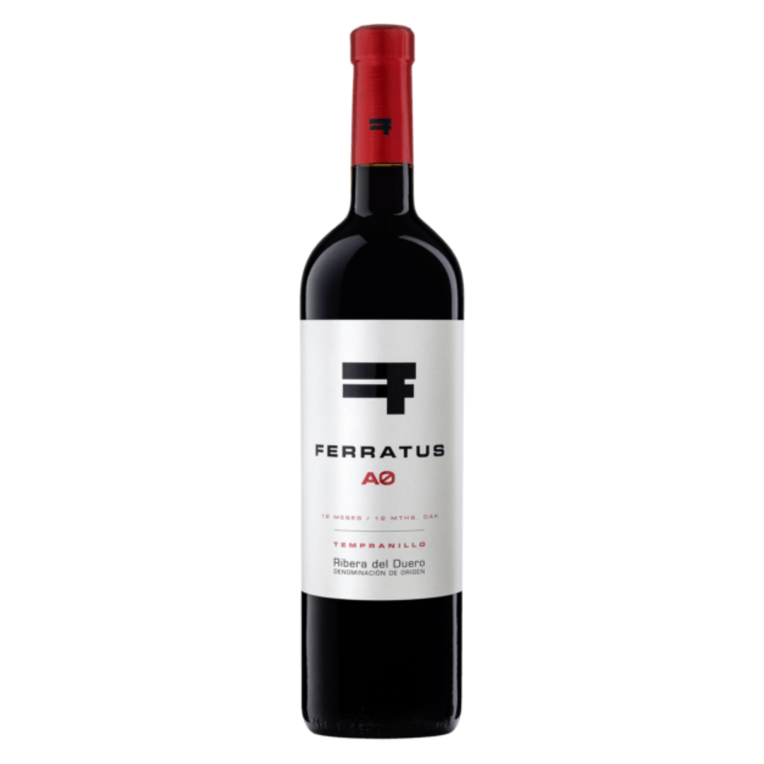 Red wine bottle with a white label featuring the brand 'Ferratus' on a white background.