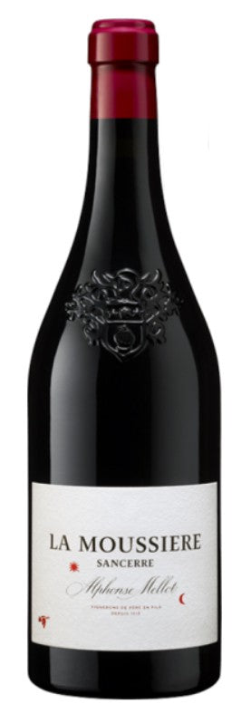 Red wine bottle labeled 'La Moussiere' on a white background