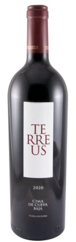 Red wine bottle with 'Terreus' label on a white background