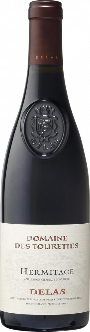 Wine bottle of Domaine des Tourettes Hermitage by Delas on a white background