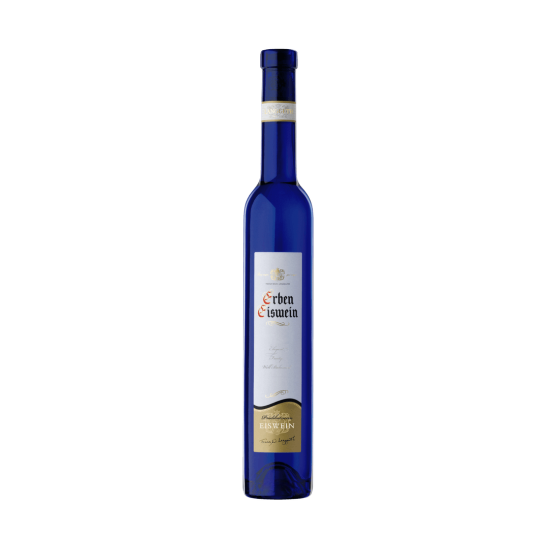 Blue wine bottle with a white label on a white background