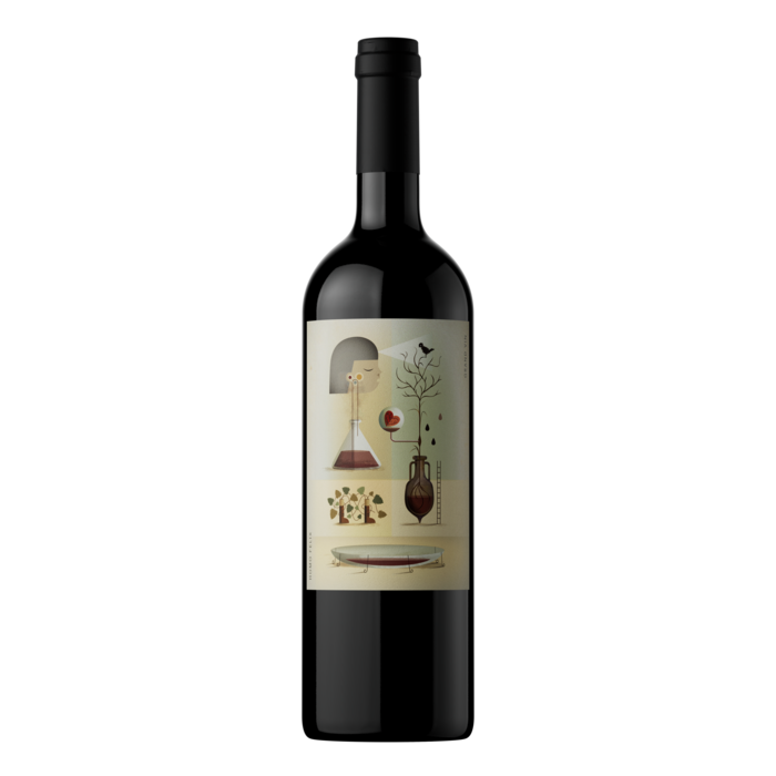 Wine bottle with a decorative label on a white background